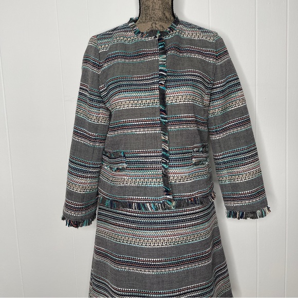 Halogen Nordstrom Multicolor Striped Tweed Fringe Blazer and Skirt - Picture 3 of 11